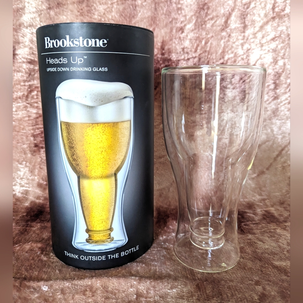 NEW in Box Brookstone Heads Up Upside Down Drinking Glass